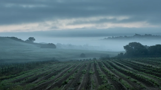 Morgondimma över vinodlingar i Carneros nära San Pablo Bay