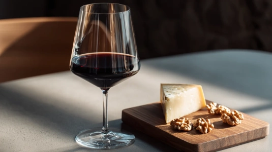 Castello di Ama Chianti Classico i glas bredvid lagrad pecorino och valnötter