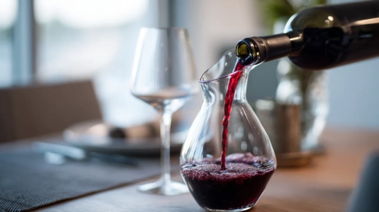 Rött vin som hälls i en dekanteringskaraff med Chianti Classico-flaska bredvid
