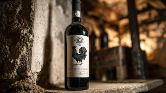 Närbild på en Chianti Classico-flaska med Gallo Nero-symbolen