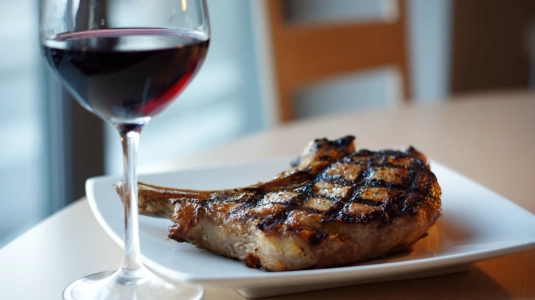 Grillad fläskkotlett med ett glas chianti vin på middagsbord