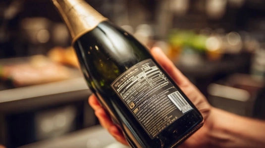 Närbild på baksidans etikett med näringsinnehåll på en flaska alkoholfritt bubbel