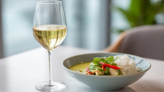Glas Gewürztraminer bredvid en skål med thailändsk curry