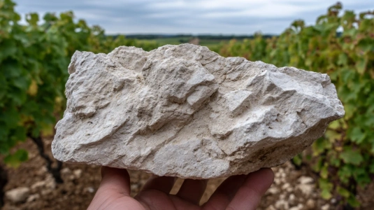 Kimmeridgian-kalksten med synliga fossila ostronskal i Chablis jordmån