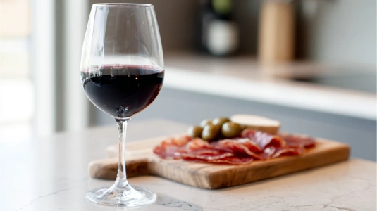 Glas rött vin bredvid en antipastobricka med chark och oliver