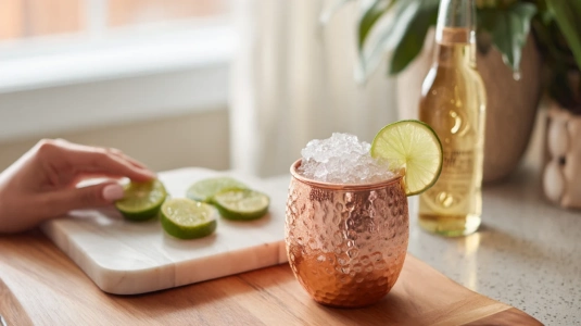 Moscow Mule-station med kopparmugg, ginger beer och limeklyftor