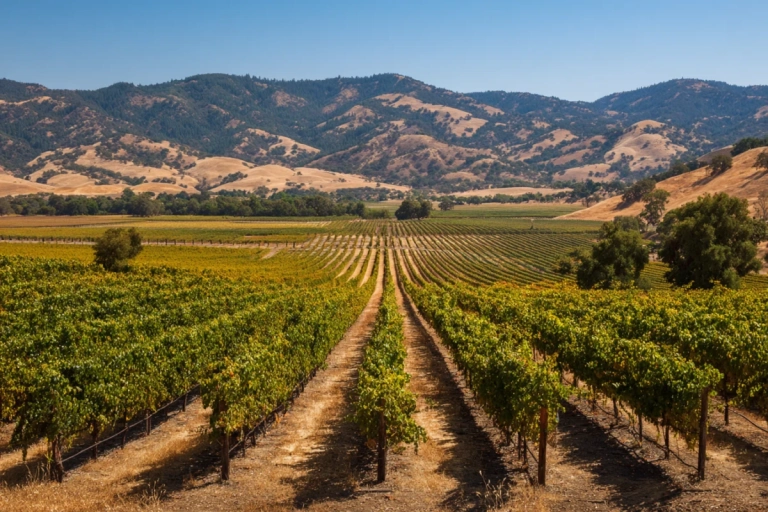 Vingård i Napa Valley med vinrankor och kullar i bakgrunden