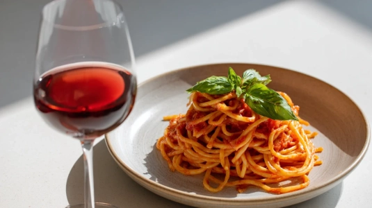 Piccini Chianti DOCG serverad till en tallrik pasta med tomatsås