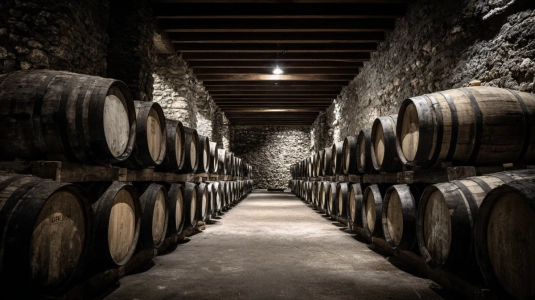 Ekfat staplade i en Rioja-bodega med dämpad belysning
