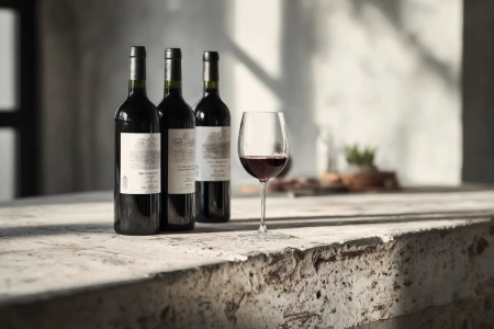Tre flaskor Rioja-vin i olika lagringsnivåer uppställda på en enkel yta