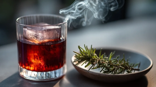Negroni med rykande rosmarinkvist bredvid glaset
