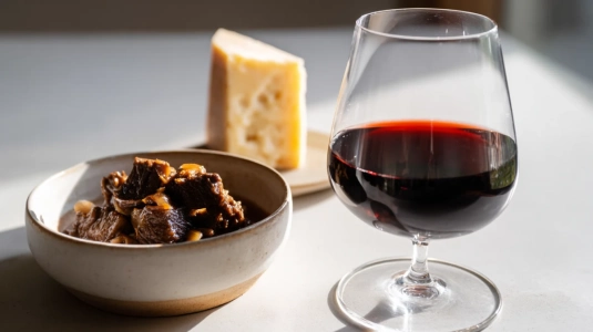 Glas rött vin vid en enkel middag med köttgryta och hårdost