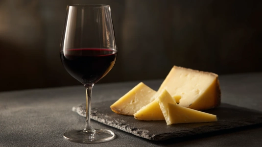 Elegant glas mörkt rödvin med lagrad manchego på en osttallrik