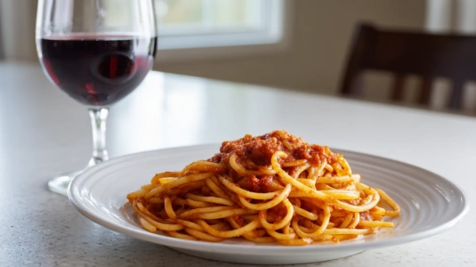 Barbera d'Asti serverad till pasta med tomatsås på en enkel tallrik