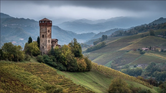 Utsikt över Serralunga d'Albas vingårdar och medeltida torn i Piemonte
