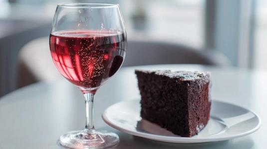 Glas Brachetto d'Acqui med mjuka bubblor serverat till chokladdessert