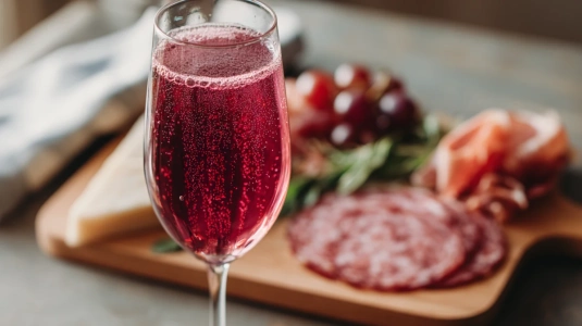Glas med torr Lambrusco bredvid en italiensk charkbricka