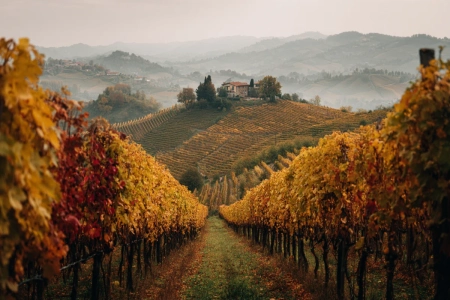 Vingårdar i Piemontes kuperade landskap med Nebbiolo-vinstockar