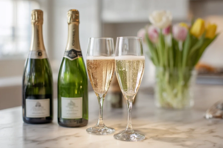 Mousserande vin serverat i tulpanglas bredvid flaskor med champagne och crémant