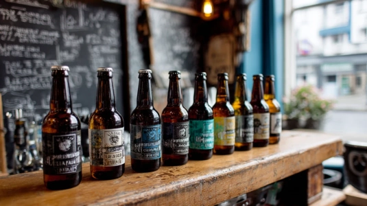 Rad av små numrerade ölflaskor i olika storlekar från olika bryggerier, uppställda på en bardisk