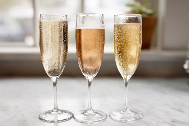 Tre glas champagne med olika nyanser bredvid varandra