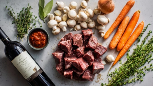 Råvaror till boeuf bourguignon – högrev, morötter, champinjoner, pärllök och en flaska Pinot Noir