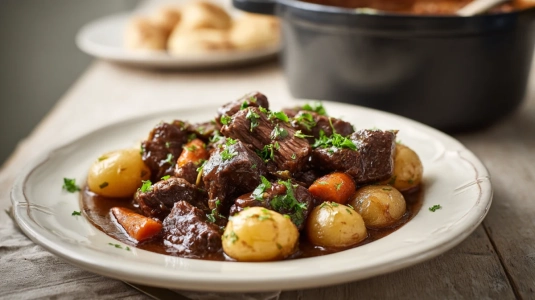 Färdig boeuf bourguignon serverad med kokt potatis och färsk persilja