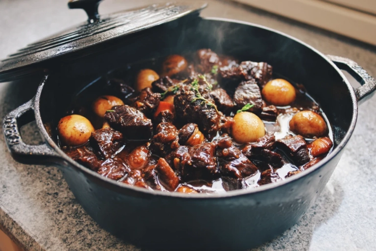 Boeuf bourguignon i gjutjärnsgryta med mört kött och mörk vinsås