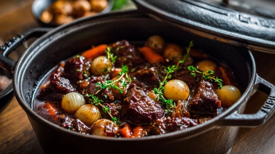 Boeuf bourguignon i en gjutjärnsgryta med mörk vinsås