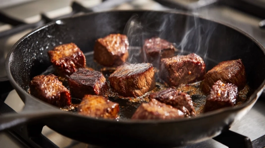 Köttbitar som bryns i het gjutjärnsgryta med mörk stekyta