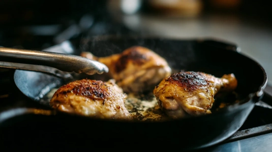 Kycklingbitar som bryns i het gjutjärnsgryta med gyllenbrun yta