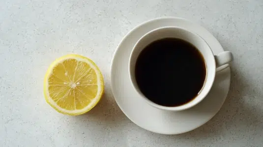 En halv citron och en kopp svart te bredvid varandra för smakövning