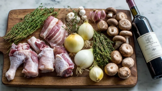 Styckad kyckling, bacon, pärllök, champinjoner och en flaska pinot noir upplagda på en skärbräda