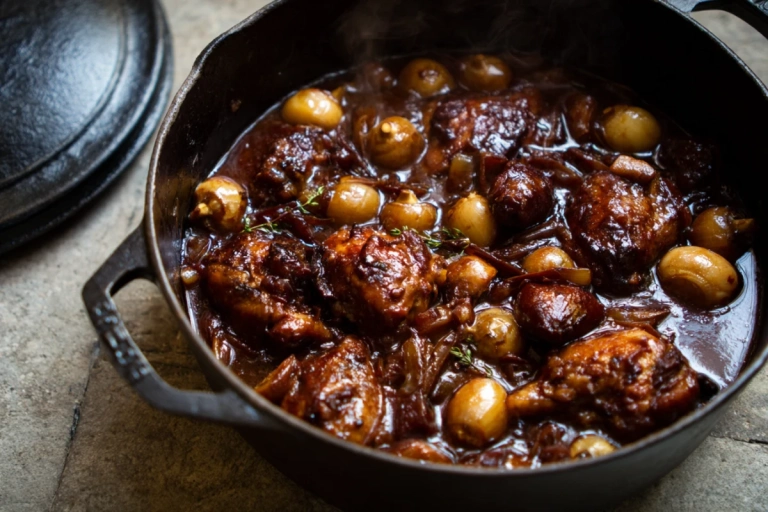 Coq au vin i gjutjärnsgryta med kyckling, pärllök och svamp i mörk vinsås