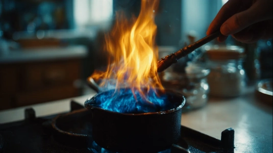 Cognac som flammas i gryta med låga över kycklingfond