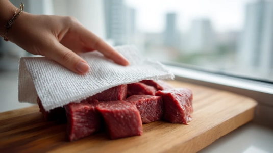 Nötkött skuret i kuber som torkas med hushållspapper på skärbräda
