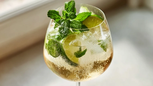 Hugo spritz med fläderlikör, prosecco och mynta i ett vinglas
