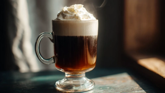Irish Coffee med vispad grädde som flyter ovanpå i ett glasmugg
