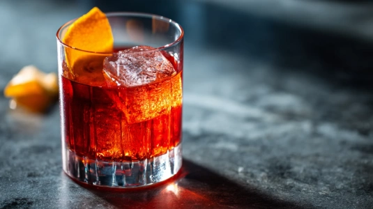 Negroni med stor isbit och apelsinskal i ett lågt glas