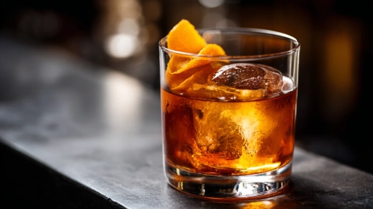 Old Fashioned med en stor isbit och apelsinskaltwist