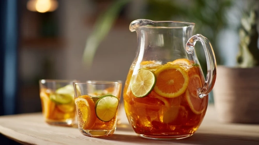 Punschbål med rom och citrus i en glaskanna omgiven av fyllda glas