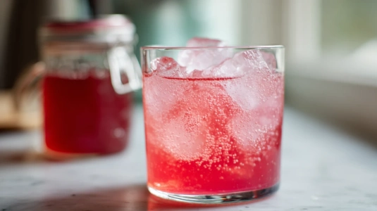 Alkoholfri rabarbershrub med tonic och is i glas