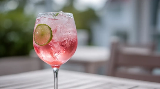 Rabarberspritz med prosecco och lime i vinglas med is