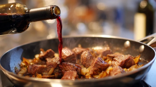 Vin som hälls i en het stekpanna med brynt lök och kött