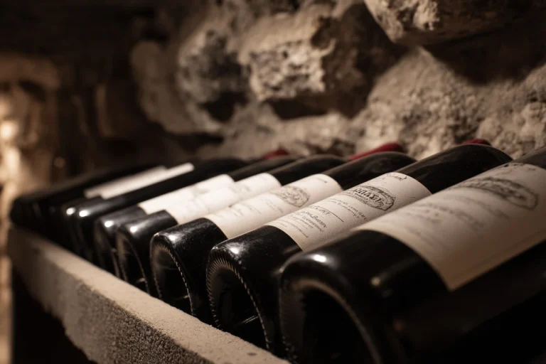 Vinflaskor liggande i ett mörkt vinkällarevalv