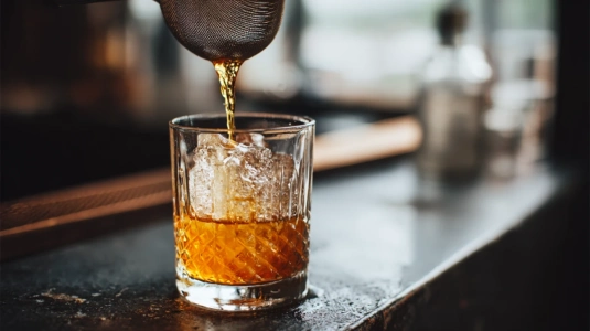 Dubbelsilning av amaretto sour genom finmaskig sil ner i old fashioned-glas