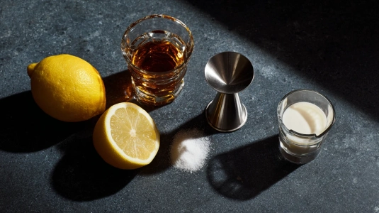 Uppmätta ingredienser till amaretto sour – amaretto, citron, sockerlag och äggvita
