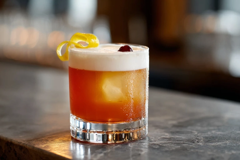 Amaretto sour i old fashioned-glas med skumkrona och citronzest