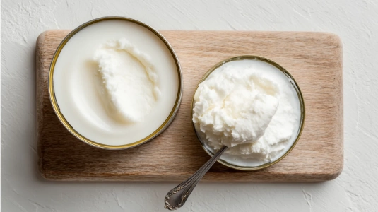 Cream of coconut bredvid kokosgrädde från burk på en skärbräda