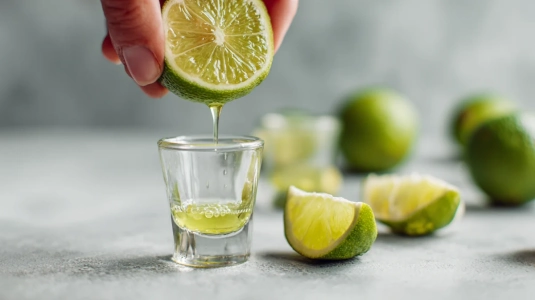 Färskpressad limejuice rinner från en halverad lime